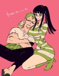  black_hair blue_eyes breasts green_hair highres nico_robin non-web_source one_piece pink_background pink_eyes roronoa_zoro tagme 