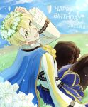  1boy alfred_(fire_emblem) blonde_hair blue_cape blue_sky cape fire_emblem fire_emblem_engage flower frilled_sleeves frills grass green_eyes head_wreath highres long_sleeves looking_at_viewer male_focus on_grass open_mouth s1wa_3 short_hair sitting sky smile solo 