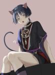  1boy animal_ears black_hair blue_eyes blue_hair blush brown_background cat_boy cat_ears cat_tail fangs genshin_impact highres japanese_clothes looking_at_viewer male_focus megumui_9 open_mouth scaramouche_(genshin_impact) simple_background sitting solo tail 