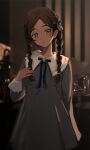  1girl aonuma_neiru blue_ribbon blurry blurry_background blush braid brown_hair dark-skinned_female dark_skin dress fei_(songyijie) green_eyes grey_dress hair_ribbon highres long_hair long_sleeves looking_at_viewer parted_lips ribbon solo twin_braids wonder_egg_priority 