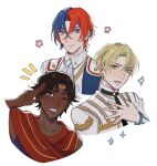  3boys alear_(fire_emblem) alear_(male)_(fire_emblem) alfred_(fire_emblem) blonde_hair blue_eyes blue_hair blush brown_eyes brown_hair circlet closed_mouth dark-skinned_male dark_skin fire_emblem fire_emblem_engage fogado_(fire_emblem) green_eyes hair_between_eyes heterochromia highres long_sleeves looking_at_viewer male_focus multicolored_hair multiple_boys open_mouth oratoza portrait red_eyes redhead short_hair smile two-tone_hair white_background 