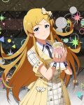  1girl black_background black_necktie blonde_hair blue_eyes blush candle dress holding holding_candle idolmaster idolmaster_million_live! idolmaster_million_live!_theater_days long_hair necktie official_art shinomiya_karen smile solo very_long_hair yellow_dress 