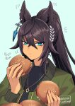  1girl animal_ears black_hair black_sweater blue_background blue_eyes burger closed_mouth commentary_request dark-skinned_female dark_skin earrings eating food green_jacket hair_between_eyes hair_ornament hi_(ibisf5umauma) highres holding holding_food horse_ears horse_girl jacket jewelry long_hair long_sleeves necklace ponytail simple_background single_earring solo sweater symboli_kris_s_(umamusume) twitter_username umamusume upper_body very_long_hair 