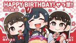  3girls birthday birthday_cake black_hair blunt_bangs brown_hair cake chase!_(love_live!) chibi closed_eyes dated_commentary food grey_eyes happy_birthday hayashi_coco highres kiminhosakurako kusunoki_tomori long_hair love_live! love_live!_nijigasaki_high_school_idol_club medium_hair multiple_girls nijigasaki_academy_school_uniform one_eye_closed one_side_up school_uniform smile voice_actor voice_actor_connection yuuki_setsuna_(love_live!) 