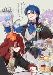  1girl 2boys angry arvis_(fire_emblem) ascot blue_ascot blue_eyes blue_hair cake clenched_hand cup fire_emblem fire_emblem:_genealogy_of_the_holy_war fire_emblem_heroes food highres holding holding_plate holding_teapot multiple_boys official_alternate_costume plate ponytail pouring_onto_another purple_hair redhead sigurd_(fire_emblem) sigurd_(tea_party)_(fire_emblem) spilling ta_dasu_(tadasu_hayashi) tailtiu_(fire_emblem) tailtiu_(tea_party)_(fire_emblem) tea teacup teapot tiered_tray violet_eyes 