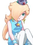  1girl absurdres bare_shoulders blonde_hair blue_dress blue_eyes brooch crown dress earrings hair_over_one_eye highres jewelry long_hair looking_at_viewer mario_tennis pantyhose parted_lips rosalina sasaki_sakiko sleeveless sleeveless_dress solo star_(symbol) star_earrings super_mario_bros. tennis_rosalina white_background white_pantyhose wristband 