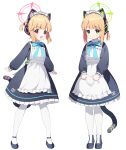  2girls :d absurdres animal_ear_headphones animal_ears apron black_dress black_footwear blonde_hair blue_archive blue_bow blue_bowtie blunt_bangs blush boots bow bowtie cat_ear_headphones cat_ears cat_girl cat_tail closed_mouth collared_dress commentary dress expressionless fake_animal_ears frilled_apron frilled_dress frills full_body gogoco green_eyes hair_bow halo headphones highres long_sleeves looking_at_viewer low_ponytail maid maid_headdress midori_(blue_archive) midori_(maid)_(blue_archive) momoi_(blue_archive) momoi_(maid)_(blue_archive) multiple_girls official_alternate_costume open_mouth pantyhose ponytail puffy_long_sleeves puffy_sleeves purple_bow shoes short_hair short_ponytail siblings sidelocks simple_background sisters smile standing tail tamagotchi twins v-shaped_eyebrows violet_eyes waist_apron white_apron white_background white_pantyhose 