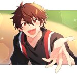  1boy brown_eyes brown_hair commentary_request ensemble_stars! hair_between_eyes korean_commentary light_blush looking_at_viewer male_focus morisawa_chiaki open_mouth outstretched_hand phewsic short_hair smile solo teeth upper_body 