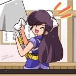  1girl blush bow brown_hair cleaning closed_eyes happy kuonji_ukyou looking_back open_mouth ranma_1/2 restaurant signature solo spatula twitter_username wanta_(futoshi) white_bow 
