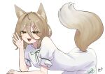  1girl animal_ears bent_over brown_eyes commentary fang fox_ears fox_girl fox_tail hair_between_eyes highres jumpsuit kudamaki_tsukasa light_brown_hair open_mouth short_hair short_sleeves signature simple_background skin_fang smile solo tail touhou white_background white_jumpsuit yomogi_0001 