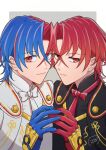 alear_(fire_emblem) alear_(male)_(fire_emblem) blue_eyes blue_gloves blue_hair crossed_bangs fire_emblem fire_emblem_engage gloves heterochromia highres light_frown light_smile multicolored_hair official_alternate_hair_color red_eyes red_gloves redhead side-by-side split-color_hair two-tone_hair two-tone_pubic_hair 