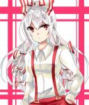  1girl aridamikannn bow breasts closed_mouth collared_shirt cowboy_shot frown fujiwara_no_mokou grey_hair hair_between_eyes hair_bow hand_in_pocket long_hair long_sleeves pants red_background red_eyes red_pants shirt simple_background small_breasts solo suspenders touhou white_background white_bow white_shirt 
