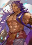  1boy abs absurdres bare_pectorals bhima_(fate) dark-skinned_male dark_skin fate/grand_order fate_(series) feet_out_of_frame highres indian_clothes large_pectorals long_hair looking_at_viewer male_focus muscular muscular_male nasubi_illust navel no_nipples pectorals pelvic_curtain purple_vest smile solo vest violet_eyes 