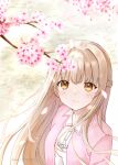  1girl artist_name blonde_hair blush braid cherry_blossoms closed_mouth french_braid grass highres jacket long_hair looking_at_viewer otonari_no_tenshi-sama_ni_itsu_no_mani_ka_dame_ningen_ni_sarete_ita_ken pink_jacket shiina_mahiru_(otonari_no_tenshi-sama) solo take20131004 upper_body yellow_eyes 