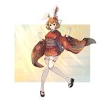  1girl absurdres arms_up blonde_hair brown_eyes bunny_day carrot_(one_piece) chagallkun flower full_body furry furry_female hair_flower hair_ornament highres japanese_clothes kimono long_sleeves looking_at_viewer medium_hair one_piece print_kimono rabbit_girl red_kimono sandals short_kimono smile thigh-highs white_thighhighs wide_sleeves 