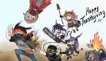  1boy 6+girls :d :o @_@ angelina_(arknights) animal_ears arknights black_hair black_jacket blaze_(arknights) brown_background brown_hair chainsaw chibi commentary_request crownslayer_(arknights) english_commentary fire grappling_hook grey_hair hairband highres holding holding_weapon hood horns ifrit_(arknights) jacket jitome kneeling lniyu mask motion_blur motion_lines multiple_girls orange_eyes projekt_red_(arknights) rabbit_ears red_hairband red_jacket redhead rope_(arknights) running saga_(arknights) simple_background smile sparkling_eyes staff standing thanksgiving twintails weapon white_background wraith_(arknights) |_| 