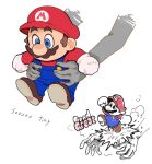  1boy blue_eyes blue_overalls english_text facial_hair gloves hat highres lifting_person mario mustache overalls red_headwear sound_effects super_mario_bros. super_mario_rpg white_background white_gloves 