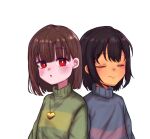  2others :o arms_at_sides black_hair blue_sweater blunt_bangs blush bob_cut bright_pupils brown_hair chara_(undertale) christian_private_white_clover_academy_school_uniform closed_eyes closed_mouth commentary dark-skinned_other eyelashes facing_viewer frisk_(undertale) gold_necklace heart heart_necklace jewelry looking_at_viewer megumin multiple_others necklace original pink_sweater raised_eyebrow red_eyes school_uniform short_hair side-by-side simple_background single_horizontal_stripe smile sweater tomato_(suzuzunnda10) white_background white_pupils yellow_sweater 