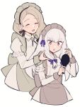  2girls apron closed_eyes closed_mouth do_m_kaeru fire_emblem fire_emblem:_three_houses fire_emblem_heroes hair_ribbon hair_tie hand_mirror holding holding_mirror light_brown_hair long_hair looking_at_mirror lysithea_von_ordelia lysithea_von_ordelia_(tea_party) maid maid_apron maid_headdress mercedes_von_martritz mercedes_von_martritz_(tea_party) mirror multiple_girls official_alternate_costume official_alternate_hairstyle open_mouth ribbon smile upper_body violet_eyes white_background white_hair 
