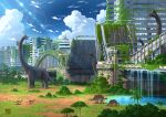  abandoned animal animal_request blue_sky bridge building clouds commentary_request day dinosaur highres moss no_humans original outdoors overgrown palm_tree post-apocalypse rainbow raised_bridge ruins scenery sky tokyogenso tree water waterfall window 