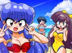  3girls bikini blue_eyes blush bow breasts brown_eyes brown_hair clouds cloudy_sky double_v kuonji_ukyou multiple_girls ocean one-piece_swimsuit one_eye_closed open_mouth purple_hair ranma_1/2 shampoo_(ranma_1/2) short_hair sky swimsuit tendou_akane v wanta_(futoshi) water yellow_bow yellow_one-piece_swimsuit 