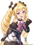  1girl absurdres artist_name black_gloves black_ribbon blonde_hair drill_hair elise_(fire_emblem) fire_emblem fire_emblem_fates flower gloves hair_ribbon highres long_hair looking_at_viewer lower_teeth_only open_mouth pink_ribbon ribbon ryo-suzuki smile solo teeth twin_drills twintails very_long_hair violet_eyes white_background white_flower 