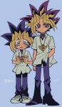  2boys blonde_hair blue_background blush closed_mouth collared_shirt full_body hand_in_pocket height_difference highres karabako male_focus millennium_puzzle multicolored_hair multiple_boys mutou_yuugi open_mouth pants purple_hair shirt shoes short_sleeves simple_background sneakers spiky_hair standing violet_eyes white_shirt yami_yuugi yu-gi-oh! yu-gi-oh!_duel_monsters 