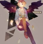  1boy ahoge armband black_wings blonde_hair blue_jacket brooch brown_footwear brown_pants character_name collarbone constellation cross-laced_footwear denim english_commentary envelope feathered_wings grey_background hair_ornament hairclip halo heart holding holding_envelope hood hood_down hooded_jacket hoshi-pan jacket jeans jewelry kim_yoosung leg_up long_sleeves looking_at_viewer one_eye_closed open_clothes open_jacket open_mouth pants parted_bangs pink_eyes shirt shoes short_hair sitting smile smiley_face space star_(sky) star_(symbol) susanghan_messenger t-shirt teeth triangular_headpiece upper_teeth_only watch watch white_shirt wings 