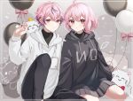  1boy 1girl balloon black_hoodie black_pants closed_mouth grey_skirt highres hood hoodie intkrgr_anm long_sleeves niconico nqrse nqrse_no_neko pants pink_eyes pink_hair short_hair skirt smile white_hoodie 