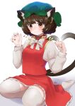  1girl animal_ears bow bowtie brown_eyes brown_hair cat_day cat_ears cat_tail chen closed_mouth commentary_request earrings full_body green_headwear hat heart highres jewelry juliet_sleeves long_sleeves mob_cap multiple_tails puffy_sleeves red_nails red_skirt red_vest seiza shirt short_hair simple_background single_earring sitting skirt smile solo tail thigh-highs touhou two_tails vest white_background white_bow white_bowtie white_shirt white_thighhighs yomogi_0001 