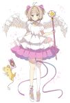  blush cardcaptor_sakura clow_card green_eyes happy highres holding holding_wand kero kinomoto_sakura magical_girl short_hair simple_background smile star_(symbol) tsukiyo_(skymint) wand white_background white_footwear wings 