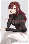  1girl alternate_costume alternate_hairstyle aozaki_touko black_sweater border breasts character_name commentary_request english_text glasses grey_background happy_birthday head_rest highres invisible_chair jewelry kara_no_kyoukai long_hair long_sleeves necklace outside_border pants red_eyes redhead shintyoi2 simple_background sitting smile solo sweater turtleneck turtleneck_sweater white_border white_pants 