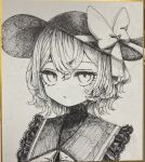  1girl bow closed_mouth commentary_request crossed_bangs frilled_shirt_collar frills hat hat_bow highres komeiji_koishi looking_at_viewer portrait short_hair solo touhou traditional_media yomogi_0001 
