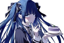  1girl :t black_bow black_ribbon blue_eyes blue_hair blunt_bangs blush bow cake ear_piercing eating food fork gothic_lolita hair_bow holding holding_fork holding_plate kazunehaka lolita_fashion long_hair long_sleeves looking_at_viewer neck_garter neck_ribbon original piercing plate ribbon simple_background solo twintails upper_body very_long_hair white_background 