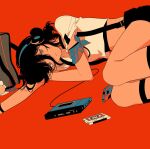 1girl bandana_around_arm black_choker black_hair cassette_player cassette_tape chainsaw_man choker crop_top hair_bun headset highres looking_to_the_side lying null024 on_side red_background reze_(chainsaw_man) shirt short_hair shorts simple_background single_hair_bun solo suspender_shorts suspenders white_shirt 