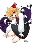  1girl black_skirt black_vest blonde_hair collared_shirt darkness full_body hair_ribbon highres long_sleeves looking_at_viewer open_mouth pointy_ears red_eyes red_ribbon ribbon rumia shirt short_hair signature skirt solo touhou vest white_background white_shirt yomogi_0001 