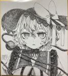  1girl bow closed_mouth commentary_request frilled_hat frilled_shirt_collar frills greyscale hat hat_bow highres komeiji_koishi looking_at_viewer monochrome short_hair signature solo third_eye touhou traditional_media upper_body yomogi_0001 