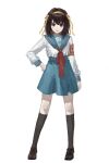  1girl absurdres armband black_socks blue_sailor_collar blue_skirt bob_cut brown_eyes brown_footwear brown_hair commentary full_body hair_ribbon hairband hand_on_own_hip highres kita_high_school_uniform kneehighs loafers long_sleeves looking_at_viewer medium_hair red_armband red_ribbon ribbon ruru_(pixiv17851010) sailor_collar school_uniform serafuku shoes simple_background skirt smile socks solo standing suzumiya_haruhi suzumiya_haruhi_no_yuuutsu white_background winter_uniform yellow_hairband yellow_ribbon 