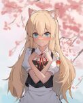  1girl absurdres animal_ear_fluff animal_ears apron blonde_hair blue_eyes blush cat_ears chinese_commentary closed_mouth collared_shirt commentary_request facing_viewer heart heart_hands highres kirisame_marisa kulomi long_hair looking_ahead neck_ribbon puffy_short_sleeves puffy_sleeves red_ribbon ribbon shirt short_sleeves solo touhou upper_body waist_apron white_apron white_shirt 