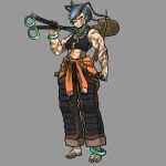  1girl alternate_costume alternate_hairstyle antennae arthropod_girl barefoot black_vest centipede_girl crotchless crotchless_pants full_body grey_hair highres himemushi_momoyo holding holding_pickaxe holding_shovel jacket jewelry kaibootsu looking_at_viewer midriff multiple_rings muscular muscular_female o-ring orange_jacket pants pickaxe pointy_ears ring scar scar_on_cheek scar_on_face scared sharp_teeth short_hair shovel slit_pupils solo standing teeth touhou vest yellow_eyes 
