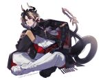  1boy arknights black_hair black_skin chong_yue_(arknights) colored_skin crossed_legs dragon_boy dragon_horns dragon_tail earrings elbow_rest gloves gradient_skin highres horns jewelry long_hair long_sleeves looking_at_viewer male_focus multicolored_hair pants pectorals pointy_ears red_eyes simple_background solo streaked_hair tail white_pants yotti 