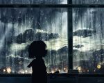  1girl book clouds cloudy_sky desk earphones highres holding holding_pencil indoors original pencil rain scenery school_desk school_uniform short_hair signature sitting sky skyrick9413 solo window 