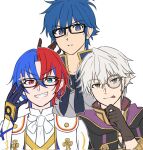 3boys alear_(fire_emblem) alear_(male)_(fire_emblem) blue_eyes blue_hair brown_gloves fire_emblem fire_emblem:_new_mystery_of_the_emblem fire_emblem_awakening fire_emblem_engage glasses gloves hair_between_eyes highres kris_(fire_emblem) kris_(male)_(fire_emblem) looking_at_viewer male_focus monocle multicolored_hair multiple_boys red_eyes redhead robin_(fire_emblem) robin_(male)_(fire_emblem) short_hair smile tongue tongue_out two-tone_hair white_background white_hair zuzu_(ywpd8853) 
