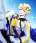  1boy alfred_(fire_emblem) ascot blonde_hair blue_cape blue_sky cape circlet fire_emblem fire_emblem_engage gloves green_eyes highres jiko8610 long_sleeves male_focus open_mouth short_hair sky smile solo white_gloves yellow_ascot 