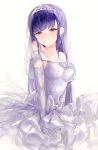  1girl absurdres bare_shoulders blue_hair breasts dress elbow_gloves fuuka_koji gloves heaven_burns_red highres large_breasts long_hair red_eyes satsuki_mari solo wedding_dress white_dress white_gloves 