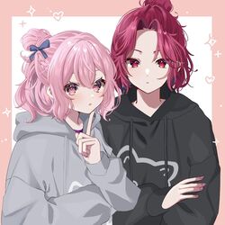  1boy 1girl araki_(utaite) black_hoodie blue_ribbon braid closed_mouth french_braid grey_hoodie hair_bun hair_ornament hair_ribbon highres hood hoodie intkrgr_anm long_sleeves niconico nqrse pink_eyes pink_hair pointing pointing_at_self red_eyes redhead ribbon short_hair single_hair_bun utaite 