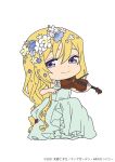  1girl alicia_florence aria blonde_hair blue_flower chibi closed_mouth copyright copyright_name dated dress eyelashes flower full_body green_dress hair_flower hair_ornament hands_up highres holding instrument long_hair music official_alternate_costume official_art playing_instrument simple_background smile solo viola_(instrument) violet_eyes white_background white_flower yellow_flower 