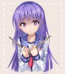  1girl angel_beats! blue_sailor_collar blush breasts closed_mouth commentary_request drumsticks eyelashes eyes_visible_through_hair flying_sweatdrops hair_between_eyes hands_up highres holding holding_drumsticks irie_miyuki light_brown_background long_hair long_sleeves looking_at_viewer medium_breasts neckerchief pink_neckerchief purple_hair sailor_collar shinda_sekai_sensen_uniform shirt sidelocks simple_background smile solo straight-on twitter_username upper_body very_long_hair violet_eyes white_shirt zuzuhashi 