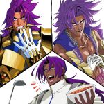 1boy bhima_(fate) bhima_(second_ascension)_(fate) bhima_(third_ascension)_(fate) curry dark-skinned_male dark_skin fate/grand_order fate_(series) food gloves gold_armor grin highres holding holding_food hominya510 interlocked_fingers laughing long_hair looking_at_viewer male_focus multiple_views muscular muscular_male official_alternate_costume own_hands_together pectoral_cleavage pectorals smile upper_body violet_eyes 