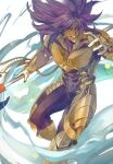  1boy bad_id bad_twitter_id bhima_(fate) bhima_(third_ascension)_(fate) bzb33n covered_abs dark-skinned_male dark_skin fate/grand_order fate_(series) feet_out_of_frame fighting_stance floating_hair gloves gold_armor grin holding holding_polearm holding_weapon long_hair looking_to_the_side male_focus midair muscular muscular_male polearm smile solo thighs violet_eyes weapon 